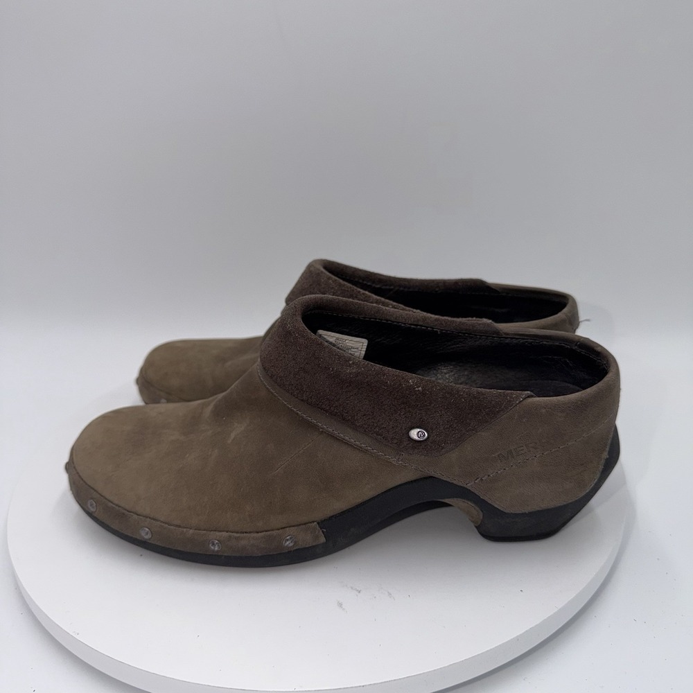 Merrell Chocolate Brown Leather Luxe Wrap Studded Clogs Shoes Mules Women's 8.5